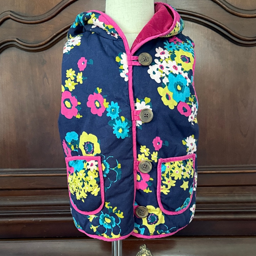 Girls Reversible Floral Hooded Vest Size 5 Pink Navy Quilted Vest Hooded Jacket